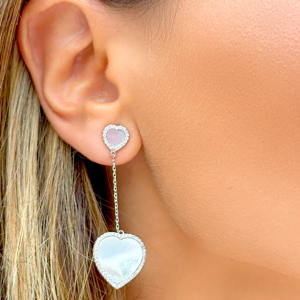 Brinco coração de madrepérola corrente banho de ródio branco - Imagem 3